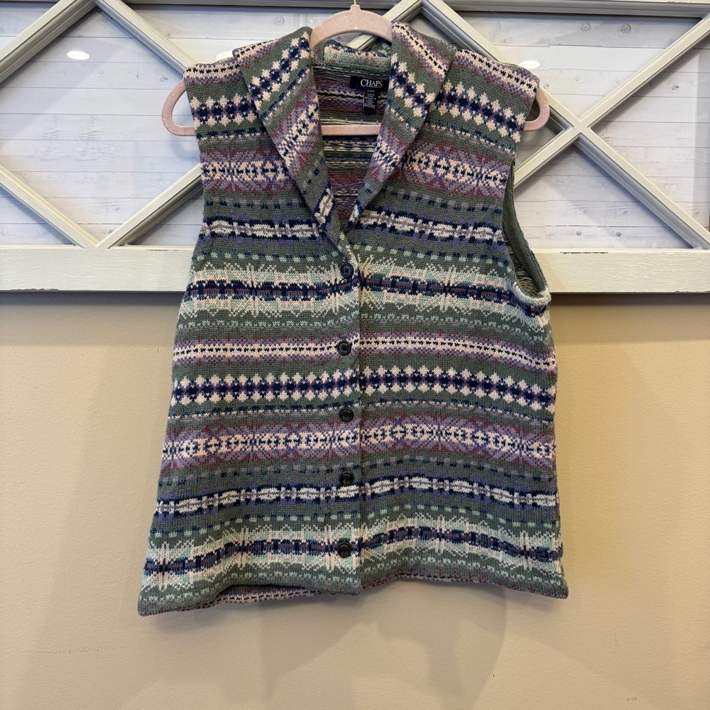 Chaps‎ Knit Sweater Vest Women Size L Front Buttons Green Purple Patterned Shawl
